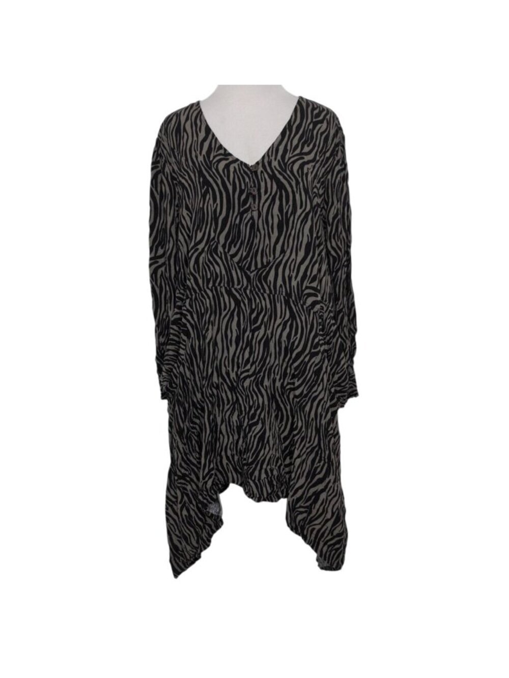 Sacred Threads Zebra Tunic Womens Size L/XL Gray Black V Neck Dress Pockets
